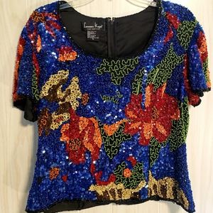 1980's Vintage Hand Beaded Sequin Silk Top